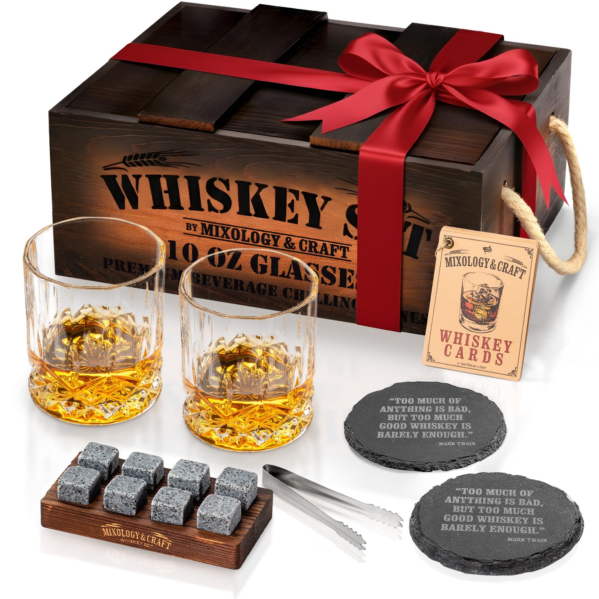 Whiskey Stones Gift Set for Men | Whiskey Glass and Stones Set with Rustic Dark Wood Crate, 8 Granite Whiskey Rock Chilling Stones, 10oz Whiskey Glasses | Whiskey Gift For Men, Dad, Husband, Boyfriend