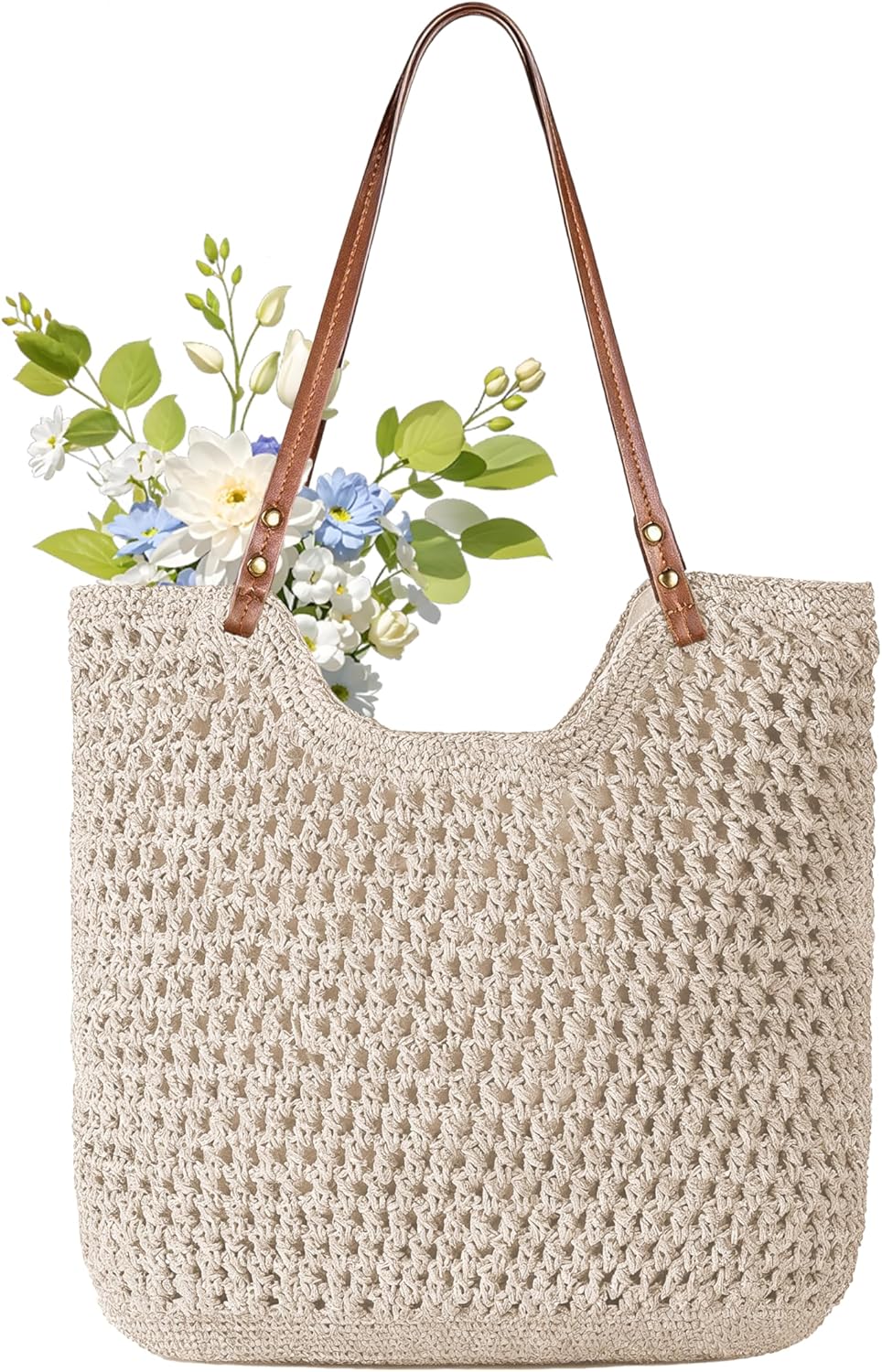 Crochet Beach Bag, Woven Tote Bag, Boho Bags for Women,Summer Purse with Zipper & Pocket
