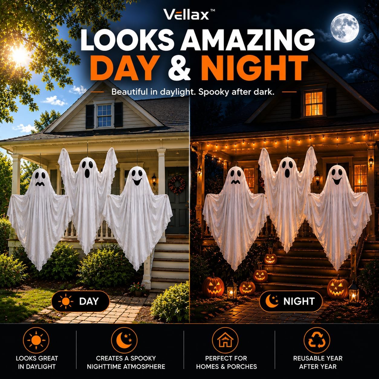 Vellax 3 Pack Hanging Halloween Ghost Decorations with Unique Faces
