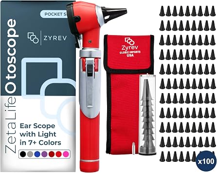 ZYREV ZetaLife Otoscope Set with 100 Extra Disposable Tips 2.5 mm, Red