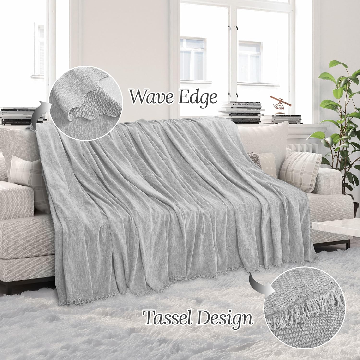 HDCAXKJ Corner Sectional Couch Covers for Dogs L Shape Sofa Cover with Tassel Chenille Super Soft Non Slip U Shaped Couch Cover Blanket Washable Sectional Slipcovers Protector (Ash Gray, 91x276 inch)