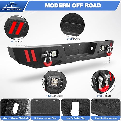 Miniatura 2 de Gladiator - Parachoques trasero de ancho completo para Jeep Gladiator JT, parachoques negro texturizado con luces LED, orificios de sensor y anillos