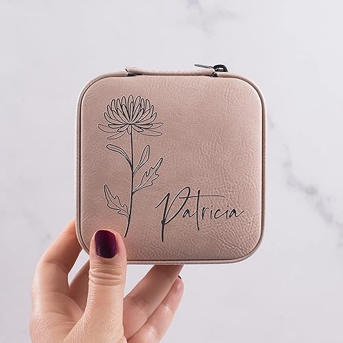 Miniatura 8 de Joyero de cuero personalizado con nombre y mes de flores de nacimiento regalos de cumpleaños para mujeres estuche de viaje de joyería personalizado