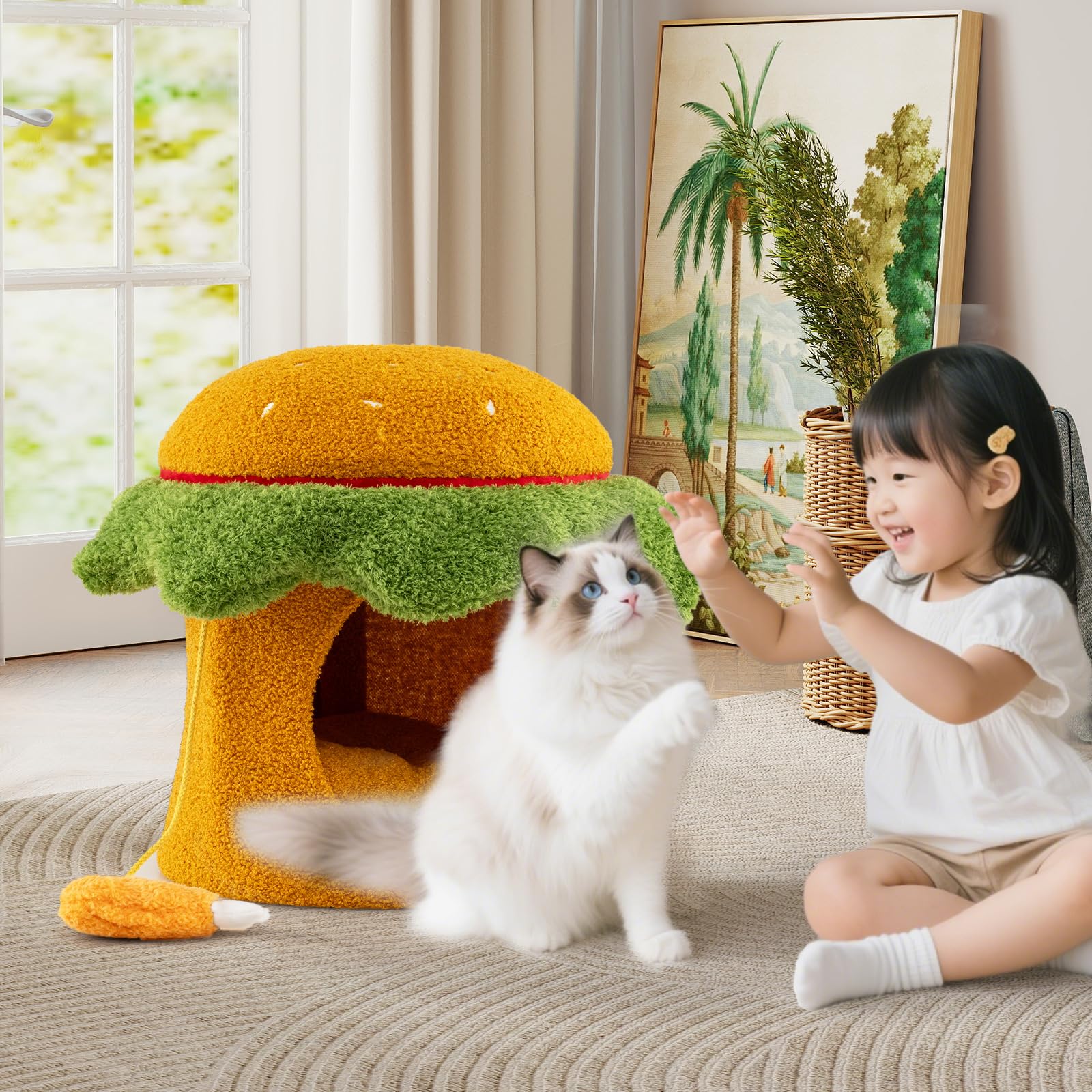 COSTWAY Cama para Gatos para Interior, Casa para Gatos en Forma de Hamburguesa con Percha Acolchada, Juguete Colgante de Peluche, Cojín Desmontable y Lavable, 37x37x41 cm, Cueva para Gato