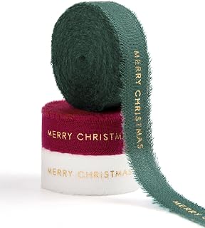 Cotton Ribbon 5/8" X 21 Yd Ivory/Red/Dark Green Handmade Frayed Fabric Ribbon for Gift Wrapping, Wedding Invites, Bridal Bouquets, Baby Showers, Holiday Decor & DIY Crafts.