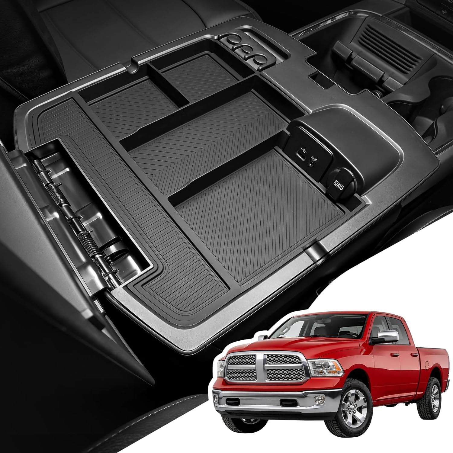 Center Console Organizer Fits for Dodge RAM 1500 2500 3500 2013-2018 Upgraded Silicone Material Armrest Box Insert Replacement for Ram 1500 Accessories