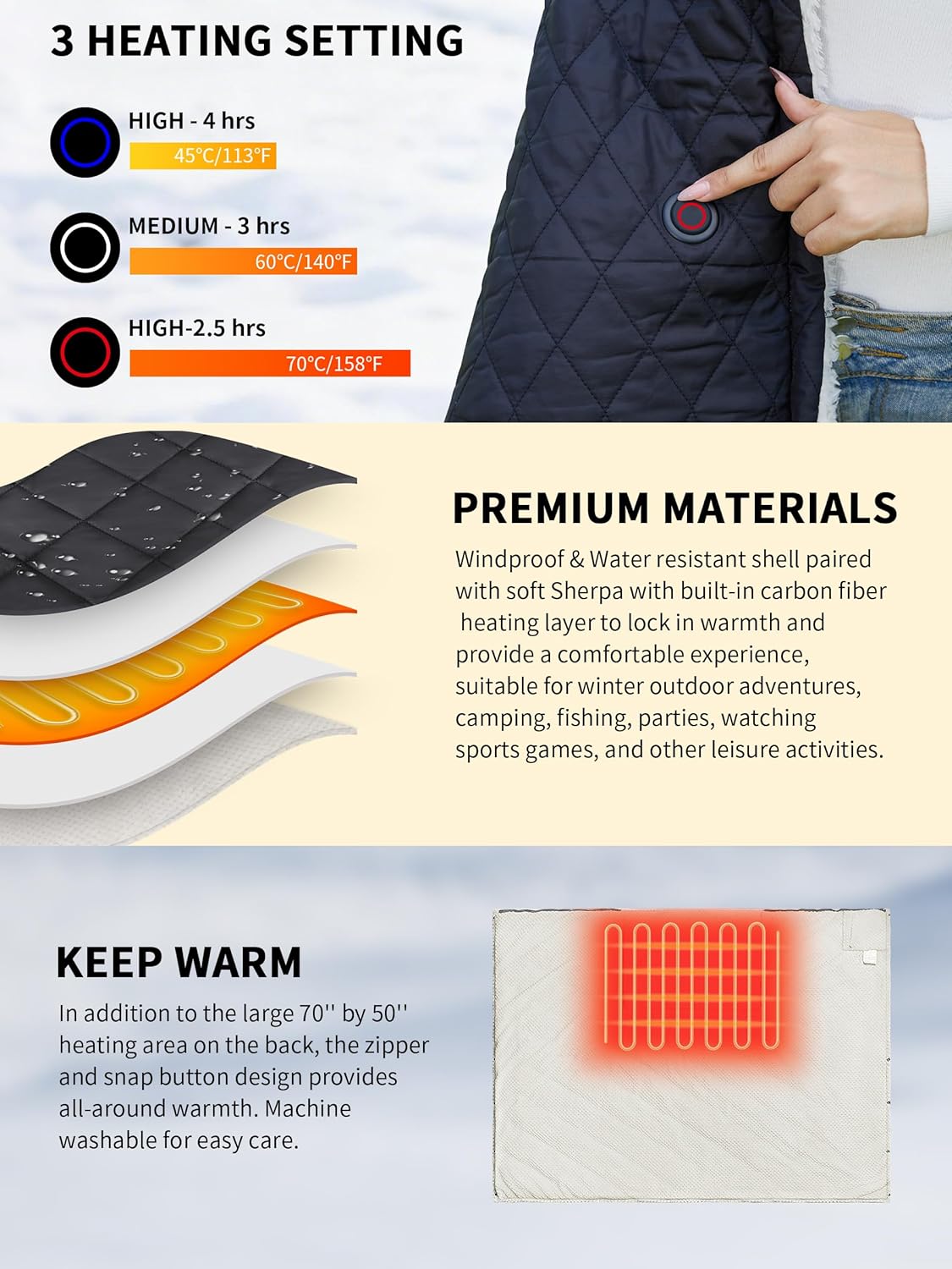 Heated Blanket Battery Operated,12V Cordless heating pad with 15000 battery,Heated Shawl Throw Blanket,Wearable Heated Blanket,Sherpa Lining,3 Heating Set for Outdoor Camping,Backpacking,Hiking,Travel - Image 3