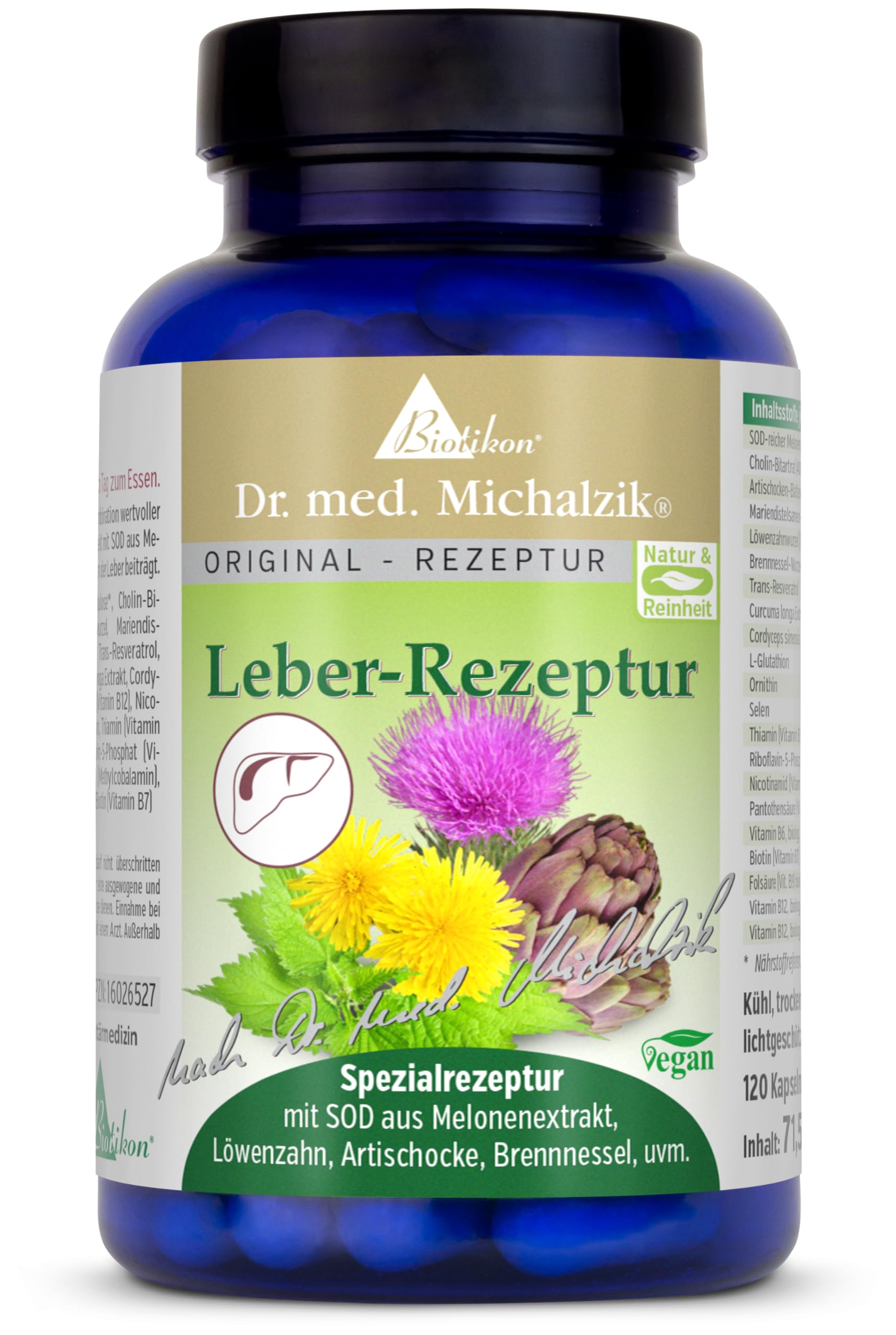 Leber-Rezeptur nach Dr. Michalzik, 500 mg Cholin-Bitartrat, 120 Kapseln | Mit Cholin, SOD Melonenextrakt, Artischocke und Mariendistel • eigene deutsche Produktion • ohne Zusätze