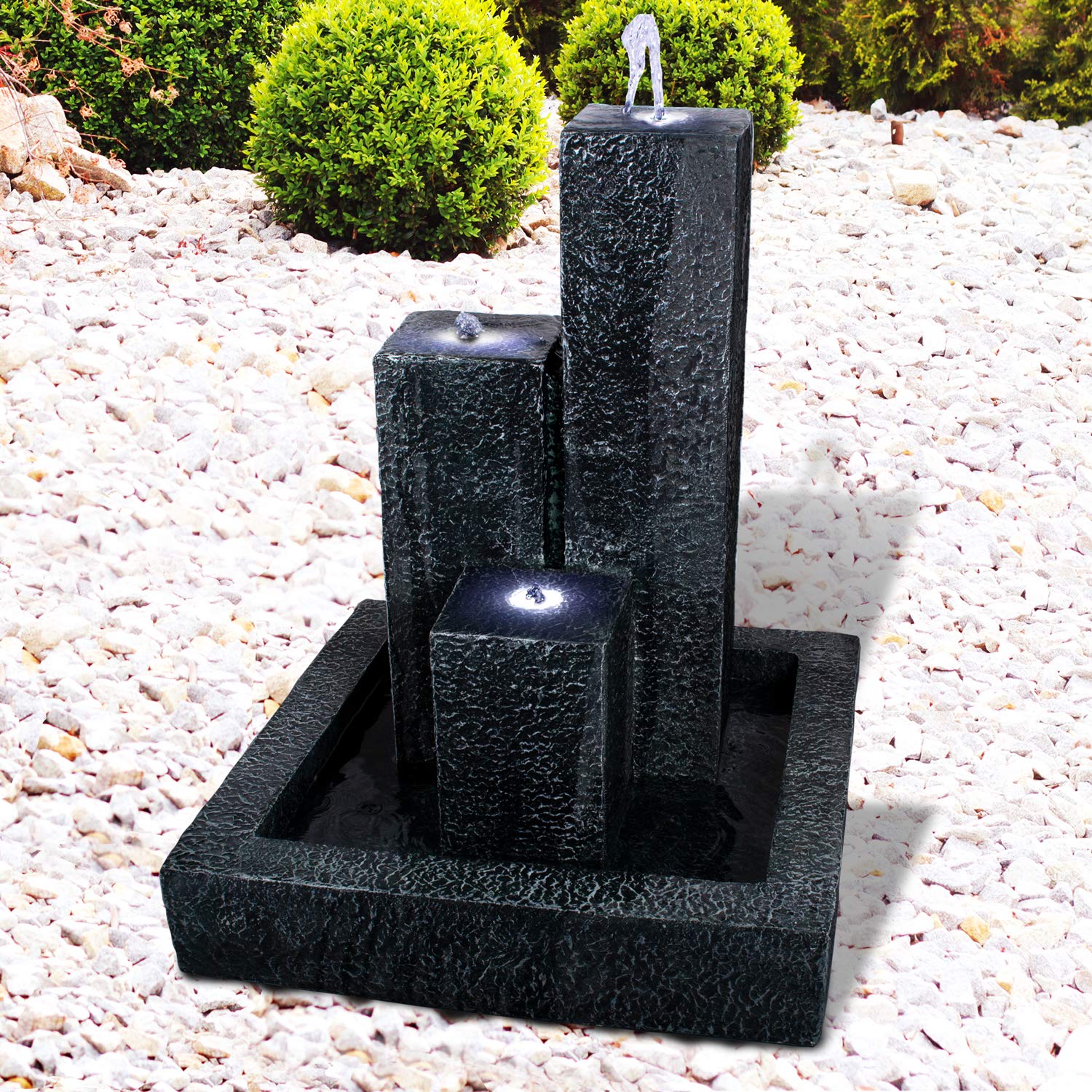 Gartenbrunnen mit Pumpe und LED Leuchte Trio-Basalt - 230V Wasserspiel (dunkelgrau)