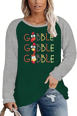 Women Plus Size Gobble Gobble Thanksgiving T-Shirt Cute Funny Turkey Graphic Tees Fall Raglan Long Sleeve Shirt 2X-5X