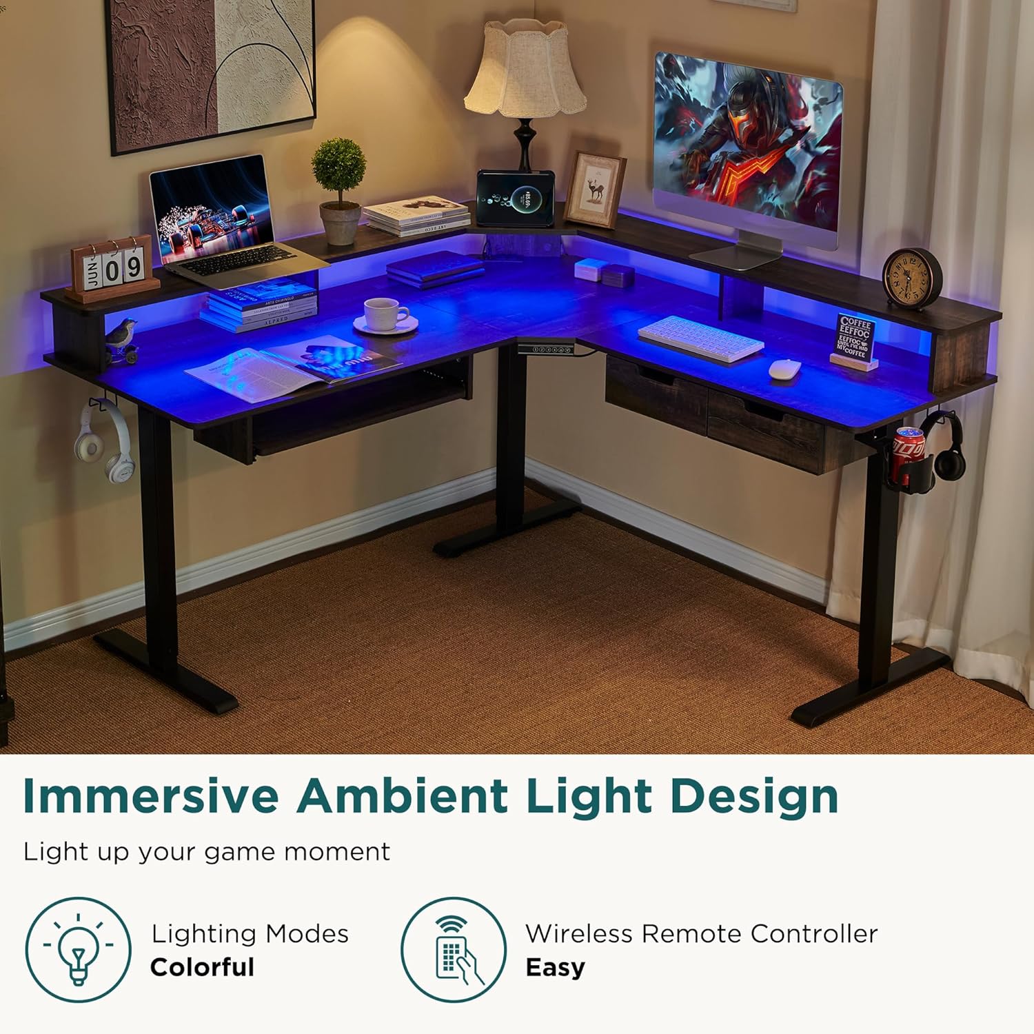RedLemon L-Shaped Standing Desk with blue LED ambient lighting