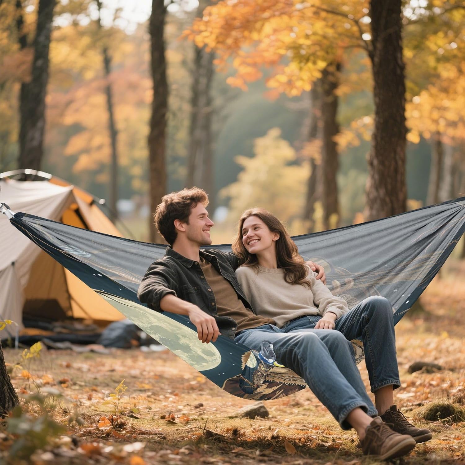 ALAZA Owl Moon Starry Sky Camping Hammocks Single or 2 Person 500 lbs Portable Parachute Travel Hammock w/Tree Straps for Hiking Backpacking Indoor Outdoor