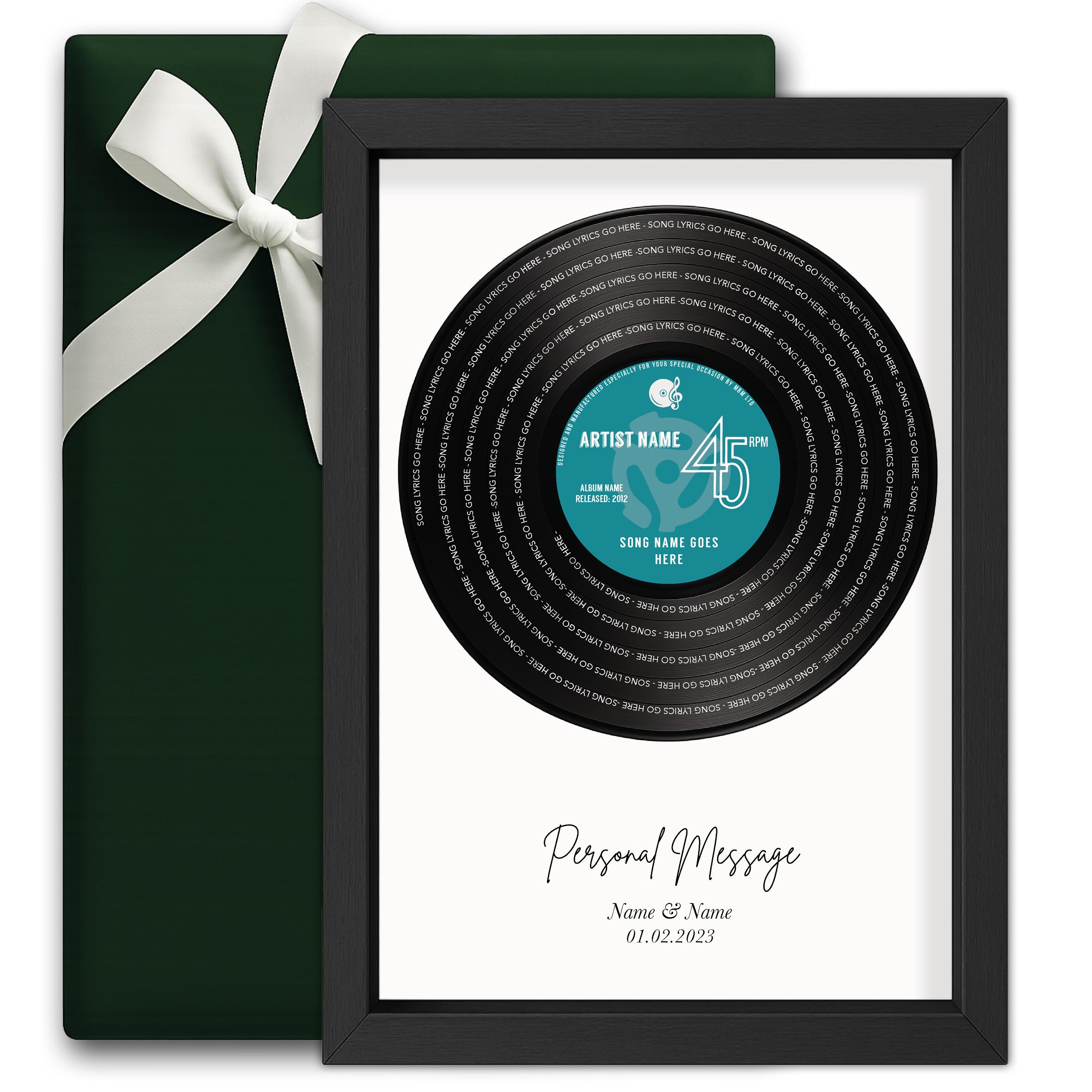Made by Mika Ltd Personalised Vinyl Record Print – Custom Song Lyric Wall Art Gift | A5 A4 A3 Sizes | Choose Colour & Frame | Music Keepsake for Couples, Weddings & Anniversaries (Turquoise)