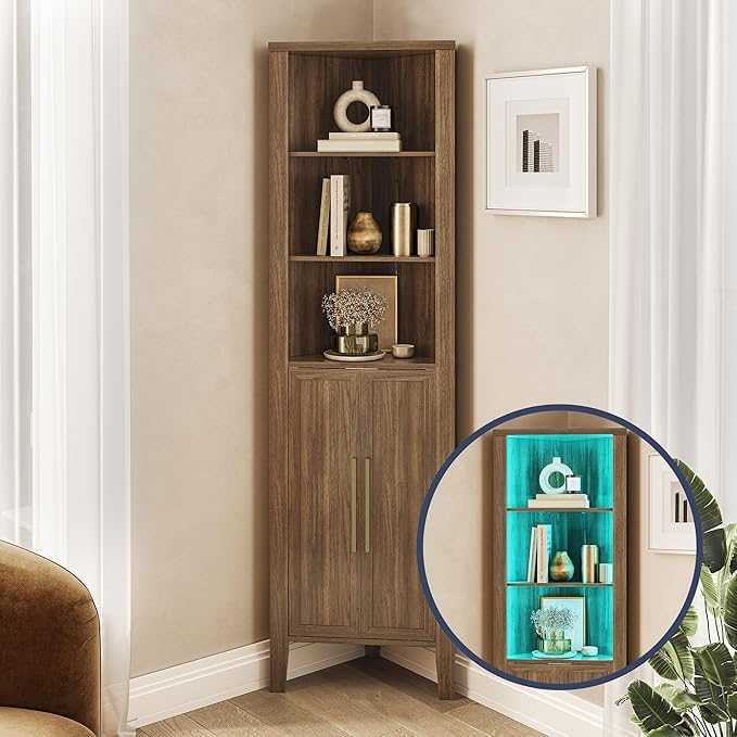 Amazon.com: BELLEZE Corner Cabinet with LED Light, 70 Inch Corner Shelf ...
