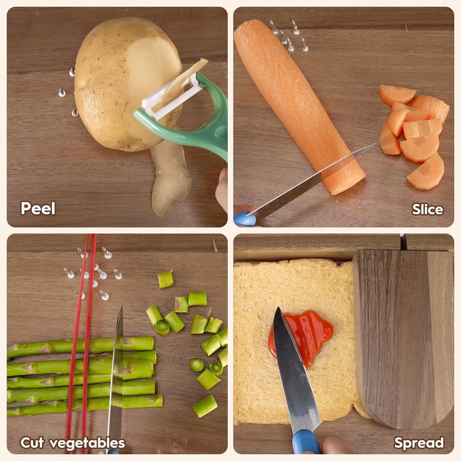 Tabla de cortar con una mano, tabla de cortar adaptable con una mano, ayuda para picar de madera para discapacitados con púa, fondo antideslizante y superficie lisa para carne de frutas y ve