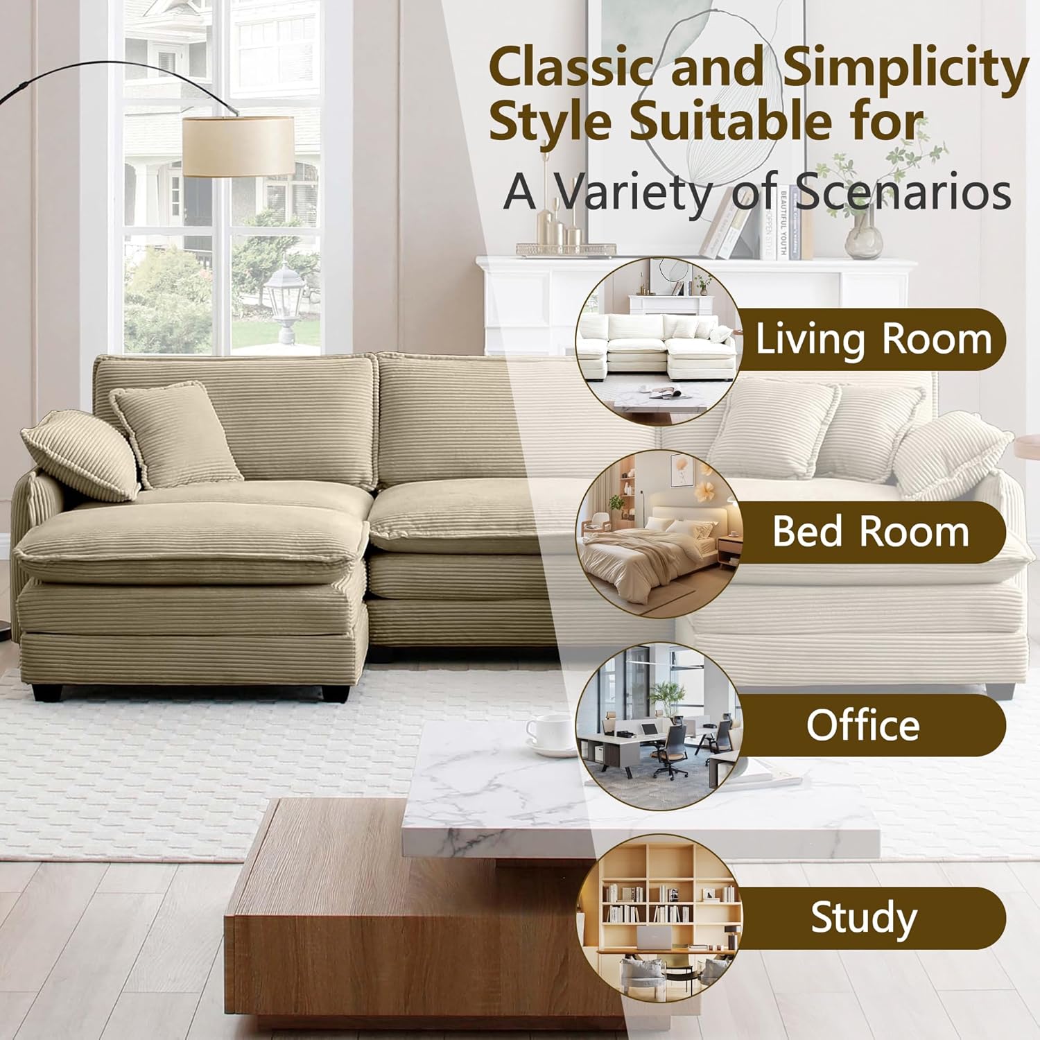 115" Sectional Couches for Living Room,Modular L Shaped Sofa with Chaise,Modern Sofa with Ottoman for Apartment,Small Space(Camel,3 Seats with Ottoman)