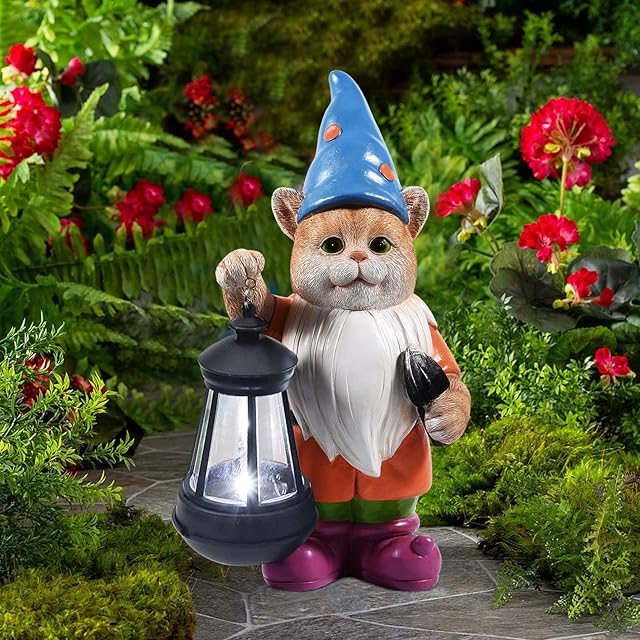 Goodeco Solar Garden Statue of Cat Gnome Figurine with Solar Lantern - OutdoorLawn Decor Flocked Garden kitty statue for Patio, Balcony, Yard, Lawn Ornament - Unique Housewarming Gift for Gnome lovers