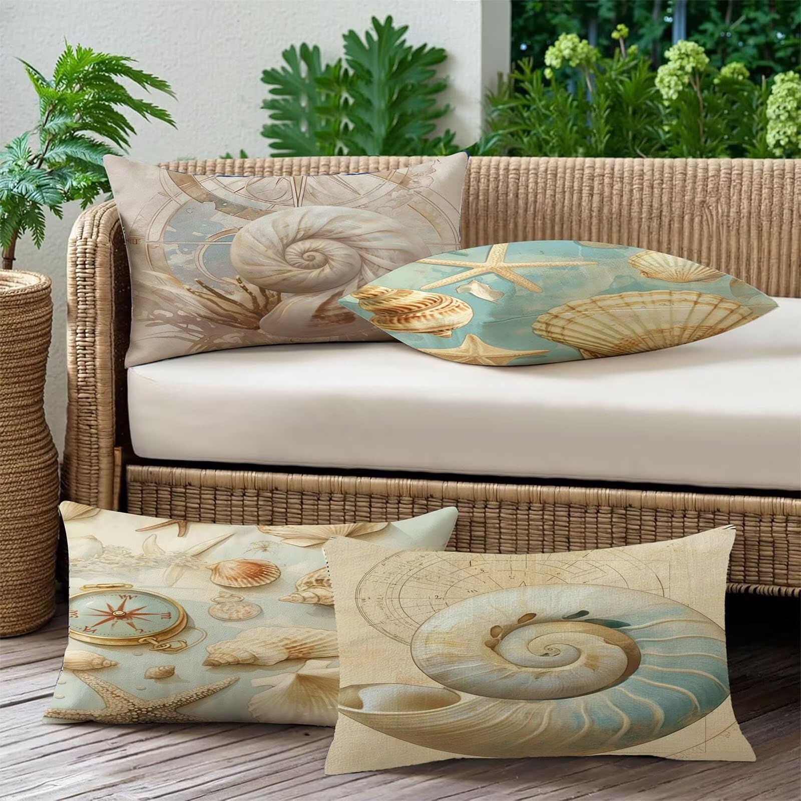 Generisch Outdoor Kissen Wetterfest 70x90cm Beige Dekokissen Kissenbezüge Muschel Kissenhülle Sommer Sofakissen für Wohnzimmer Schlafzimmer Garten Dekorative 4er Set. R-5264