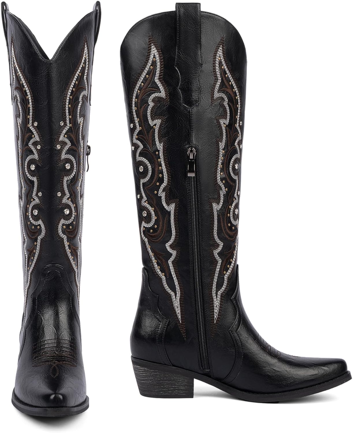 Knee High Cowboy Boots for Women Rhinestone Cowgirl Boots, Trendy Embroidered Western Boots with Almond Toe Side Zipper and Chunky Heel - Image 4