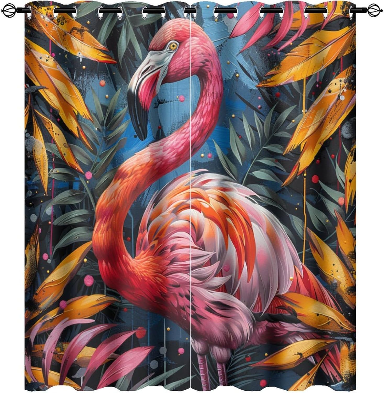 Flamingo Fantasy Curtains for Bedroom, Retro Jungle Palm Tree Leaf Grommet Blackout Curtains Thermal Insulated Window Drapes for Living Room, 21W x 45L, 2 Panels
