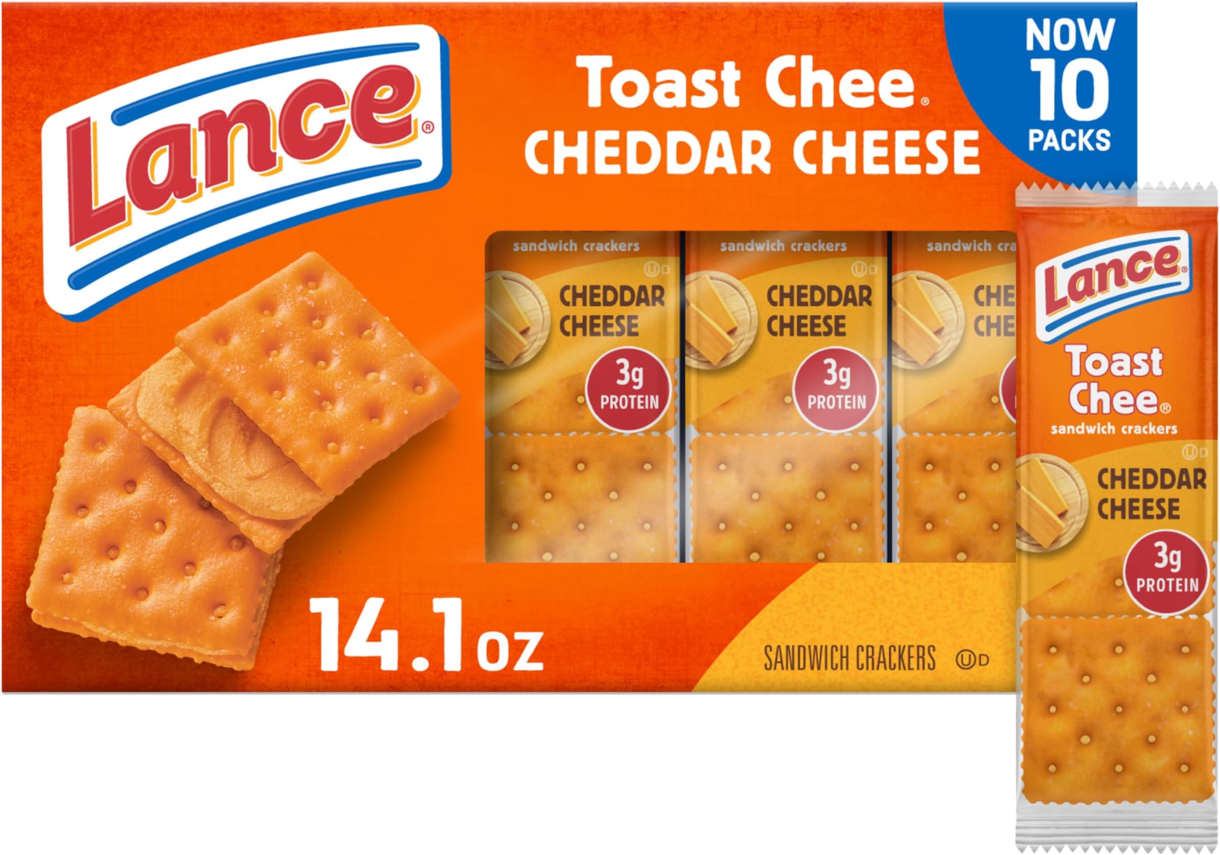 Lance Sandwich Crackers, ToastChee Cheddar, 10 Individually Wrapped Packs, 6 Sandwiches Each