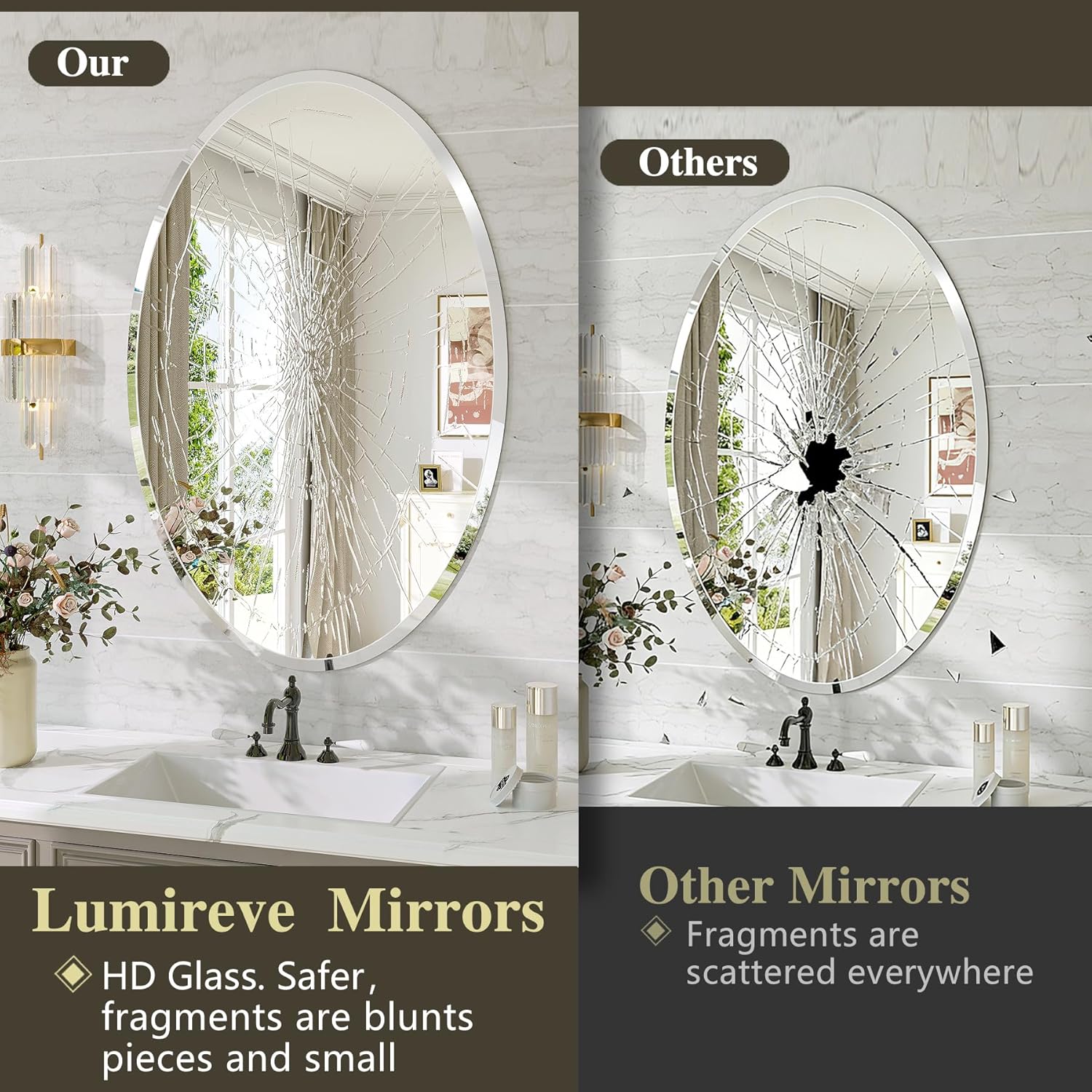 Frameless Oval Mirror, 18"x26" Bathroom Vanity Mirrors with Beveled Edge, Decorative Oval Wall Mirrors for Bedroom, Entryway, Living Room, Hangs Horizontally or Vertically