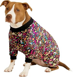 LovinPet Pet Pajamas for Pit Bulls, Full Coverage Dog Pjs with Black Trim, Decoupage Ink Print, Post Surgery Shirt, UV Protection, Pet Anxiety Relief Shirt, Large Dog Jammies, Pitbull Clothes, XL