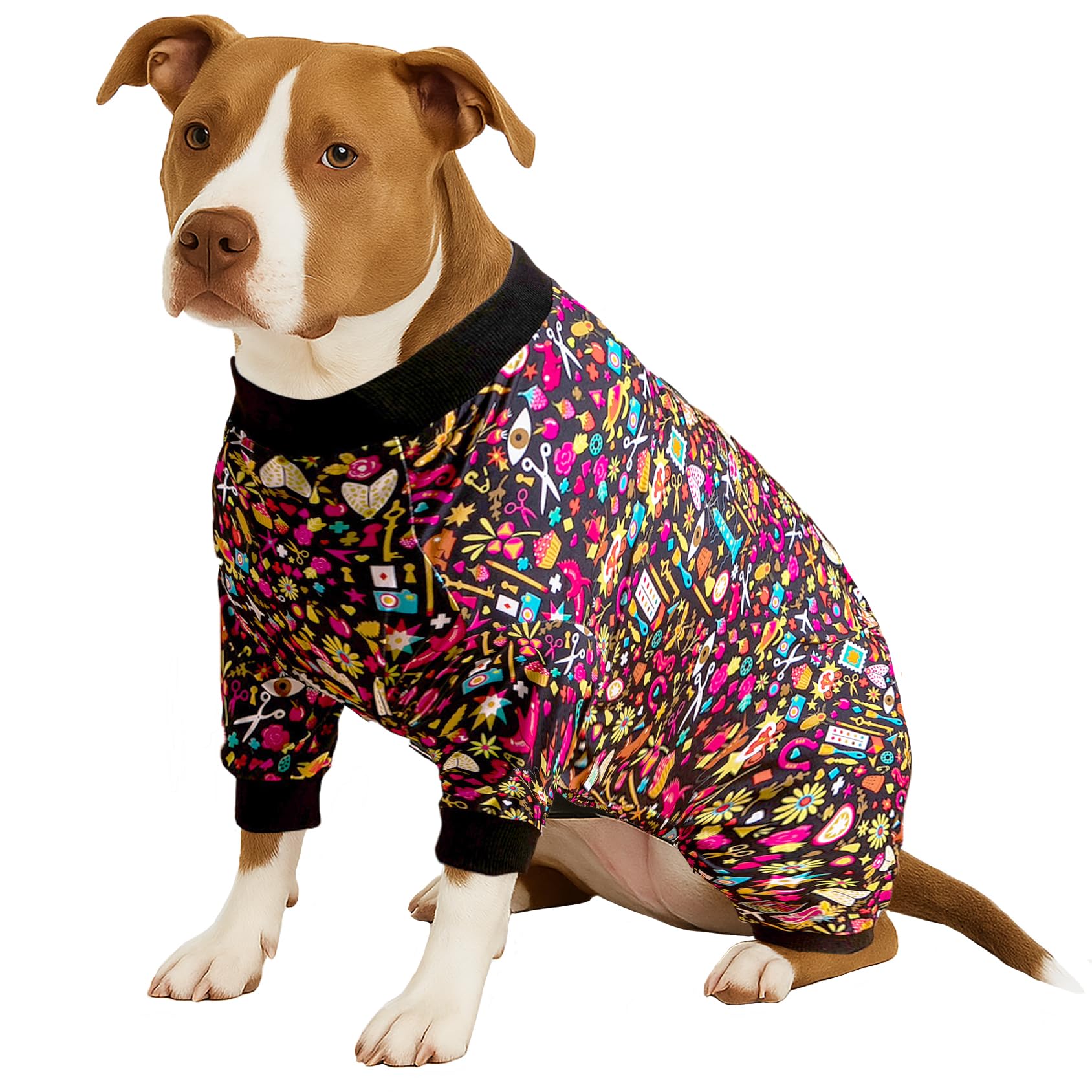 LovinPet Pet Pajamas for Pit Bulls, Full Coverage Dog Pjs with Black Trim, Decoupage Ink Print, Post Surgery Shirt, UV Protection, Pet Anxiety Relief