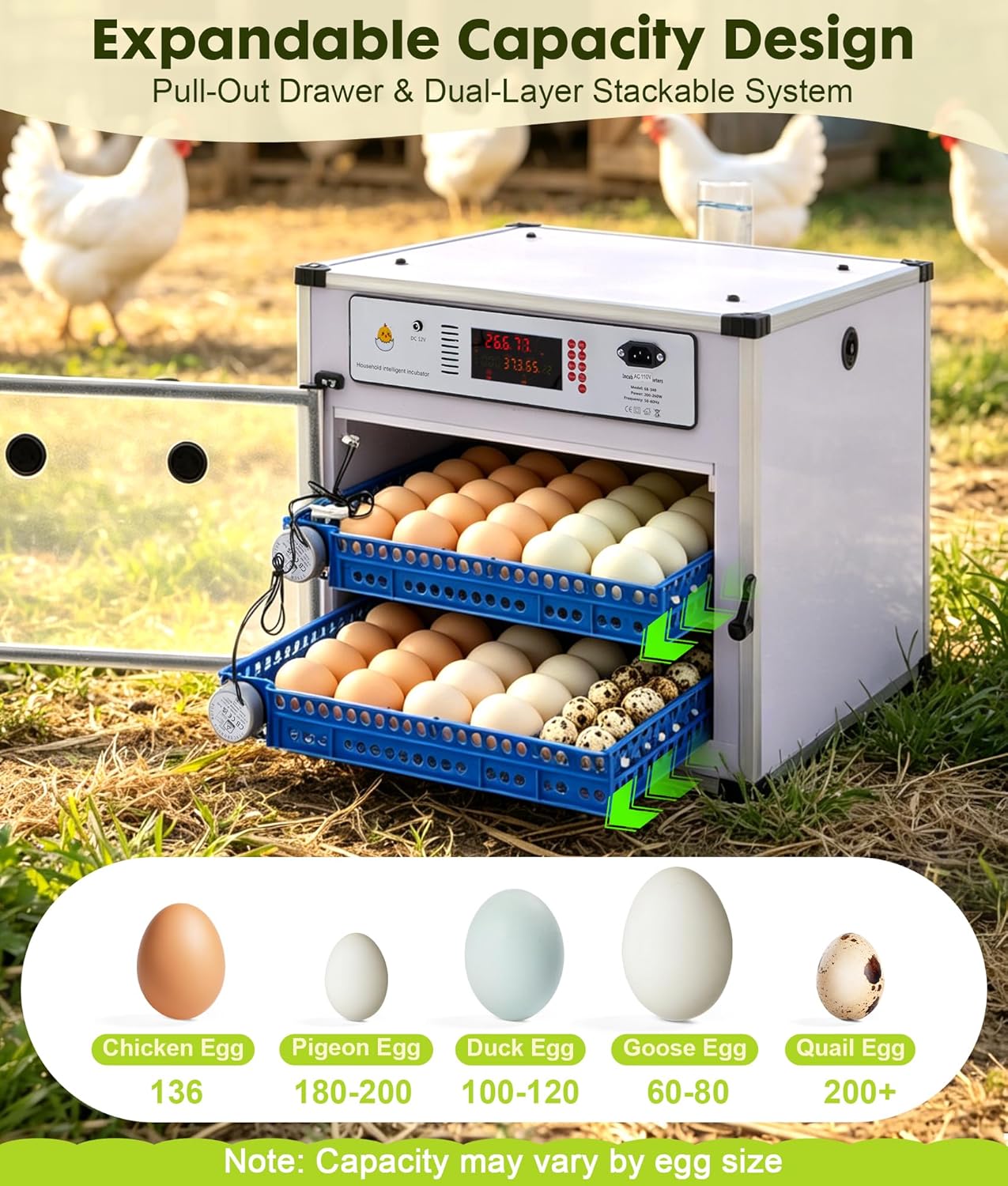 Automatic Egg Incubator for 136 Eggs - Digital Temp & Humidity Control, Auto Turner, Dual Power AC/DC, LED Flashlight, View Window - Commercial Use for Chicken Duck Quail