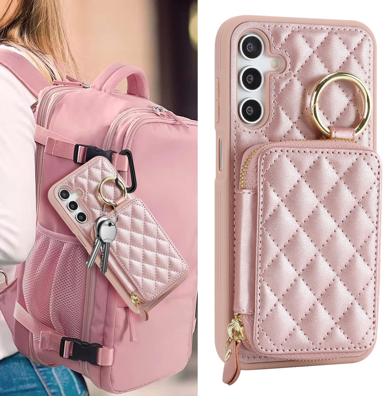 for Galaxy A15 Case Wallet with Card Holder,for Galaxy A15 Phone case Wallet with Zipper with Slot Kickstand Stand Case for Women and Man-Rose Gold