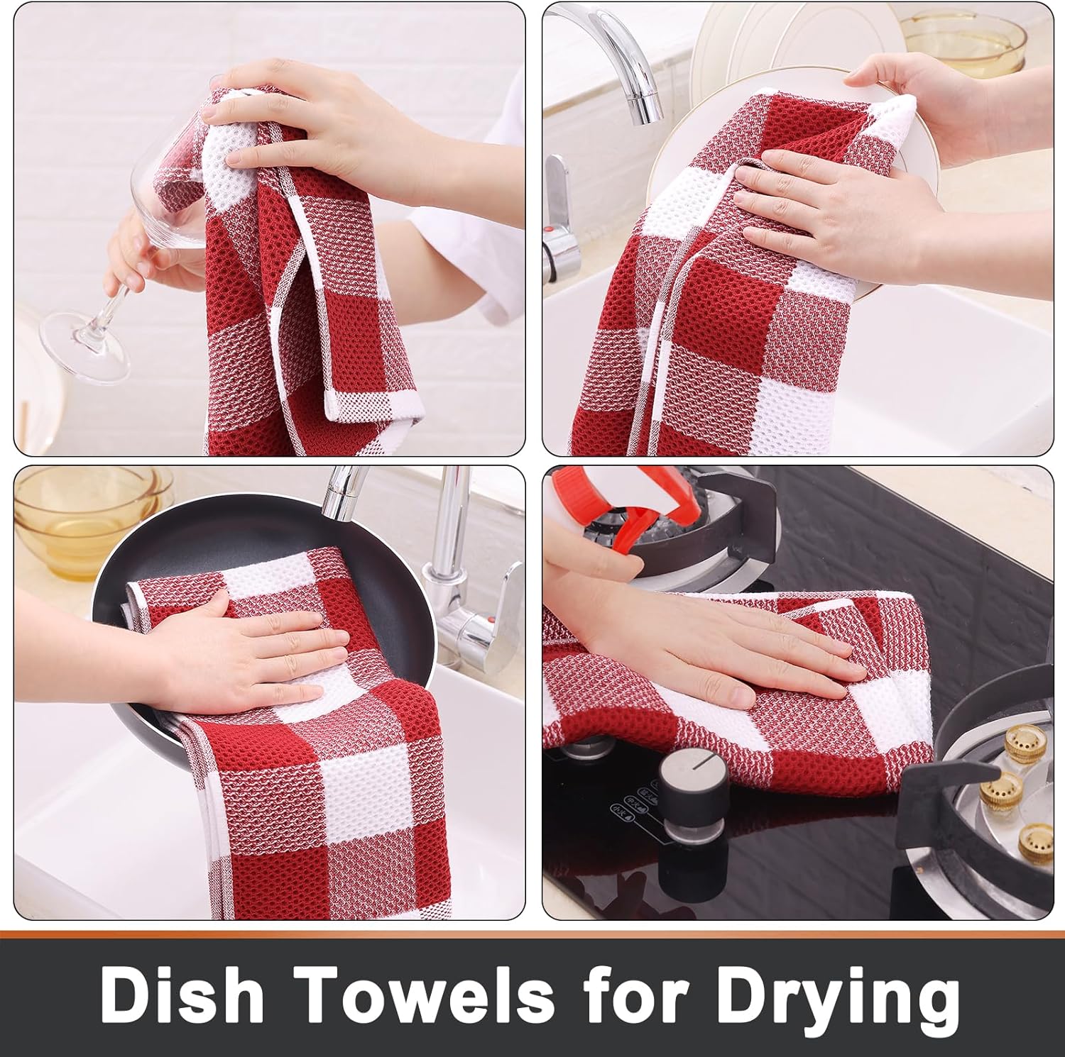 Mordimy 100% Cotton Waffle Weave Kitchen Towels, 13 x 28 Inches, Super Soft and Absorbent Buffalo Check Dish Towels for Drying Dishes, 4-Pack, Red & White - Image 4