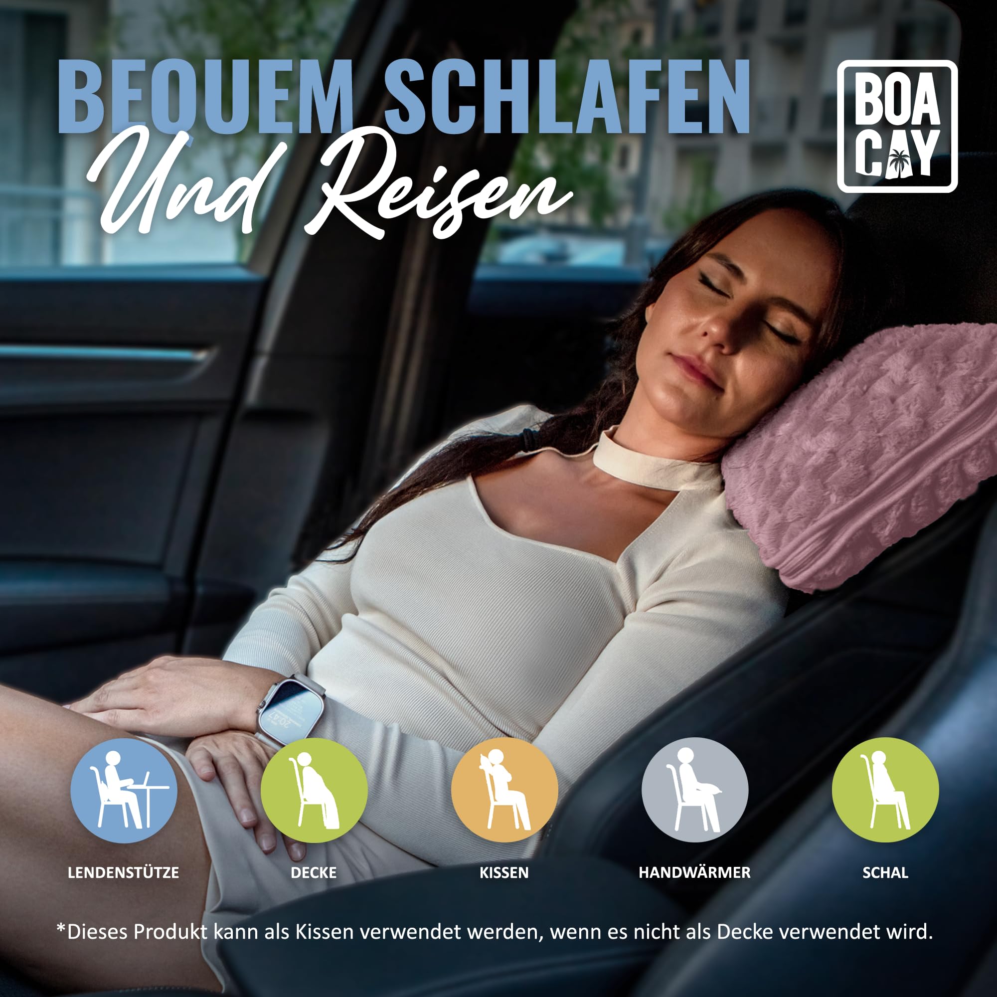 BOACAY Packbare Reisedecke für Flugzeug, Auto - Kompakte Bürodecke - Tragbares Kissen für Erwachsene, Kinder mit Hülle, Gepäckhülle, Rucksackclip
