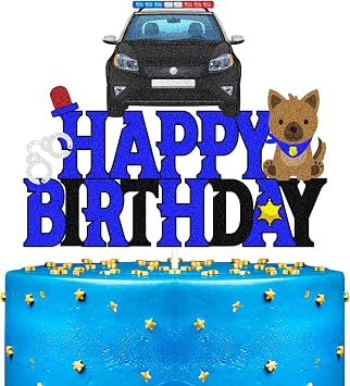 Police Happy Birthday Cake Topper - Police Car Police Dog Themed for Kids Boys Men - Happy Retirement Party Supplies Black Blue Glitter Decorations