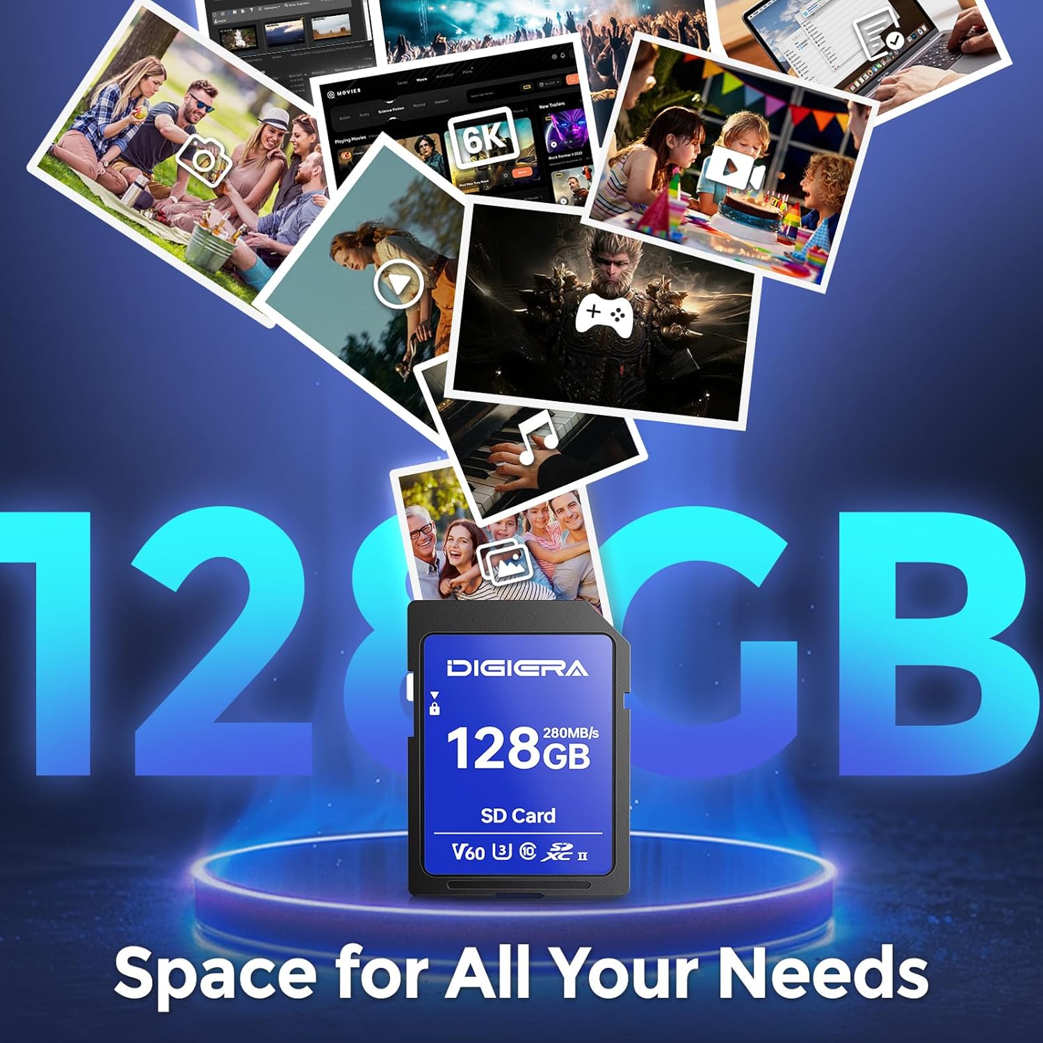 128GB LSU100 SDXC UHS-II Memory Card - up to 280MB/s, C10, U3, V60, 6K, SD Card for Computers, Digital Cameras, Home Theatre Devices, Car Navigation Systems (1 Pack)