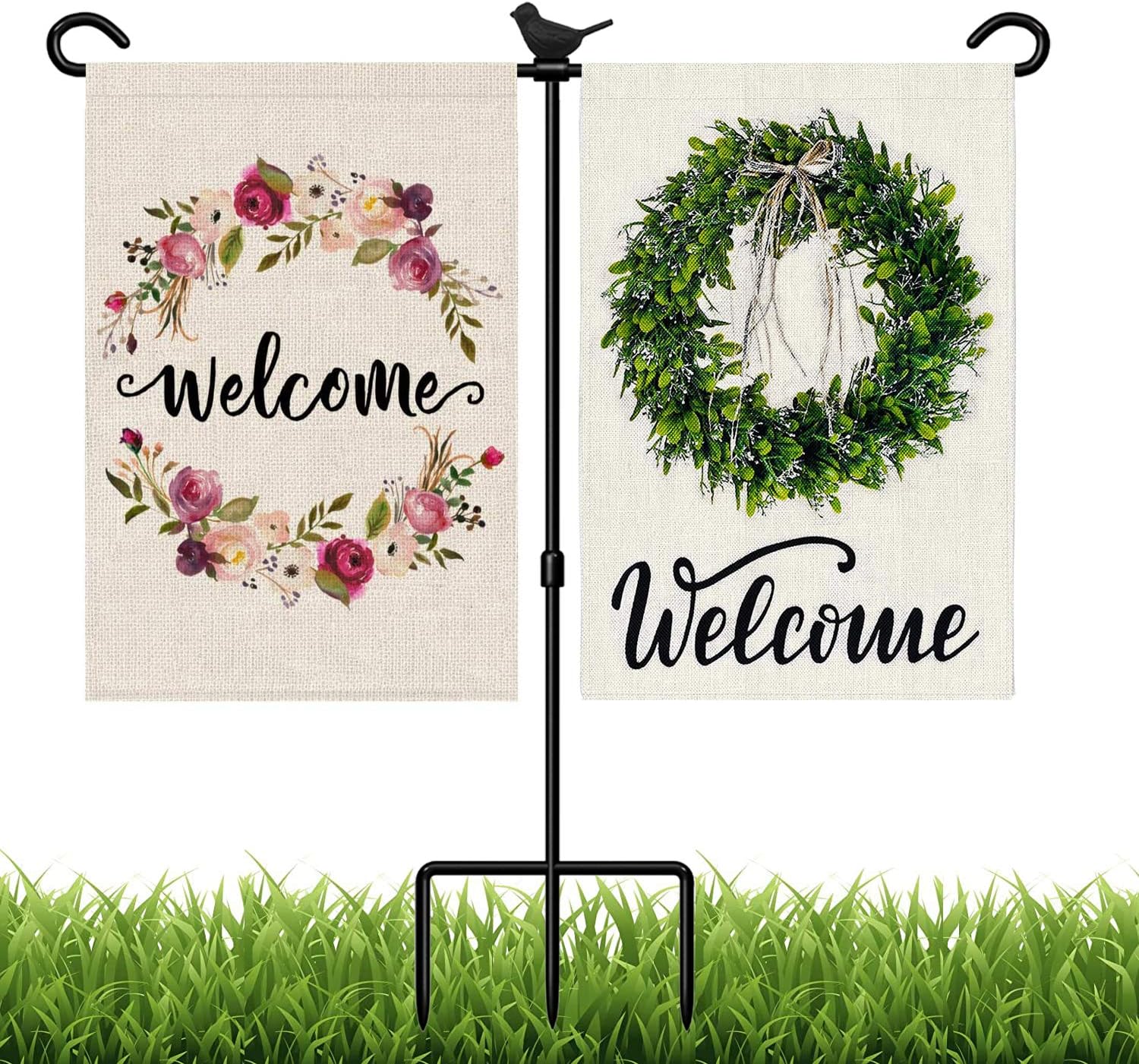 Bird Double Garden Flag Holder Stand, Mount 2 Flags, Premium Garden Flag Pole Holder Metal Anti-Rust Weather-Proof with 2 Tiger Clip and 4 Spring Stoppers No Flag Included