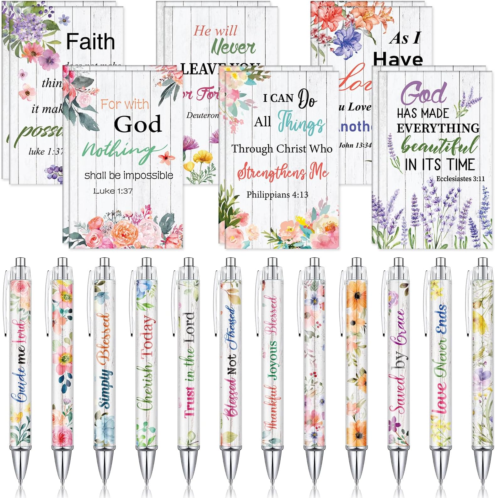 Colarr 12 Sets Christian Bulk Gifts for Women Bible Verse Pens Notebooks Religious VBS Scripture Ballpoint Pens Bookmarks Journal for Easter Sunday School Church Inspirational Supply(Floral)
