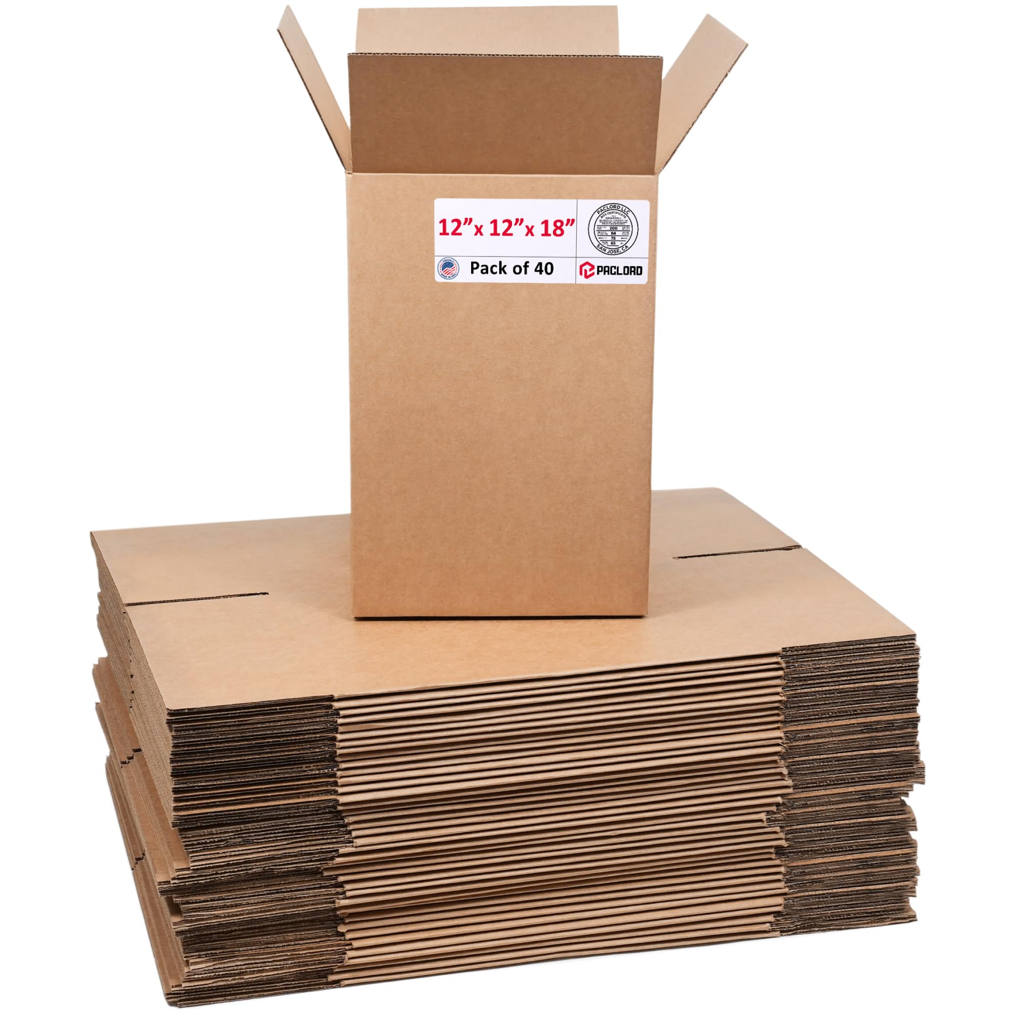 Tall Cardboard Boxes 12"L x 12"W x 18"H (Pack of 40) - USA-Made Packing Boxes for Moving, Shipping, or Storage - USPS, UPS, FedEx Approved - Professional Packing Supplies for Moving | USA-Made Packing Boxes for Moving, Shipping, or Storage - USPS, UPS, FedEx Approved - Professional Packing Supplies