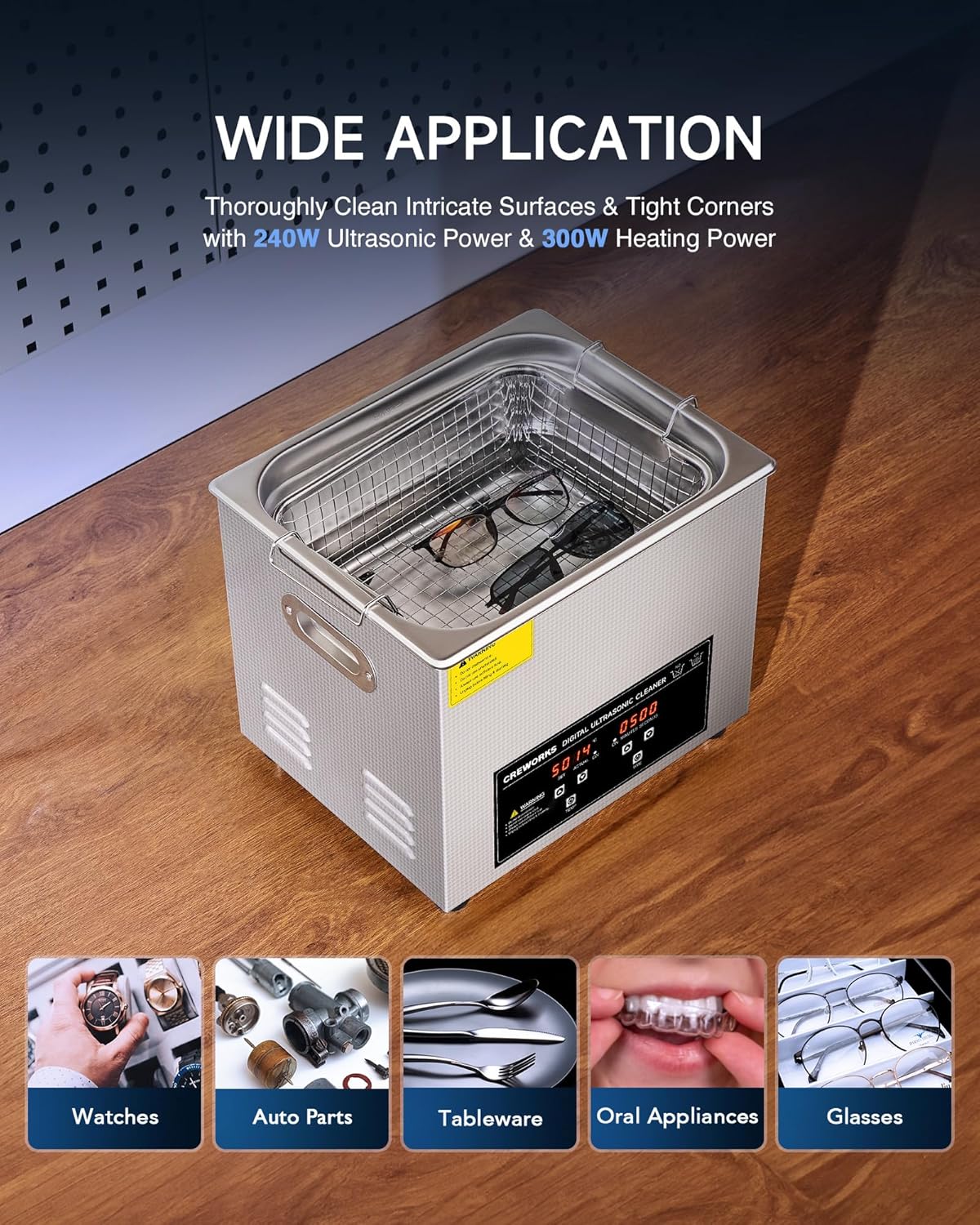CREWORKS 6L Digital Ultrasonic Cleaner with Degas & Gentle Modes, 1.6 gal. Ultrasonic Cleaning Machine, 180W Professional Ultrasound Cleaner with 300W Heater & 1-30 min. Timer for Glasses Toys Tools