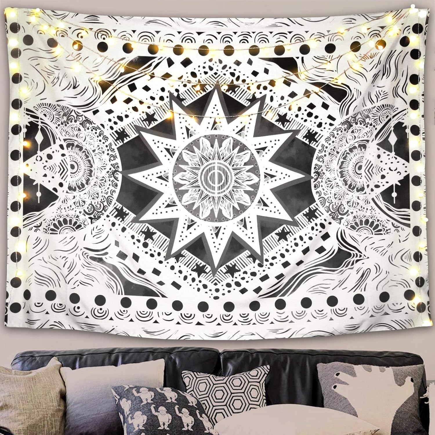Fowocu Gray and White Sun and Moon Tapestry Wall Hanging