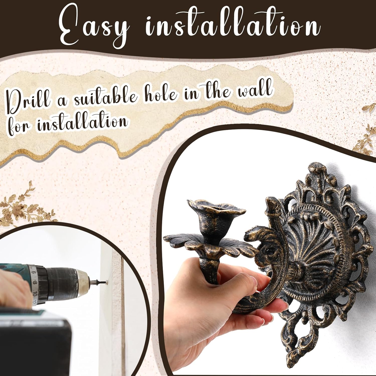 Blulu 2 Pack Antique Gold Wall Candle Holder Wall Sconces Holder Set Metal Decoration Hanging Mounted Candlestick Sconces for Home Decor Bedroom Dining Room, Fireplace and Yard Channel