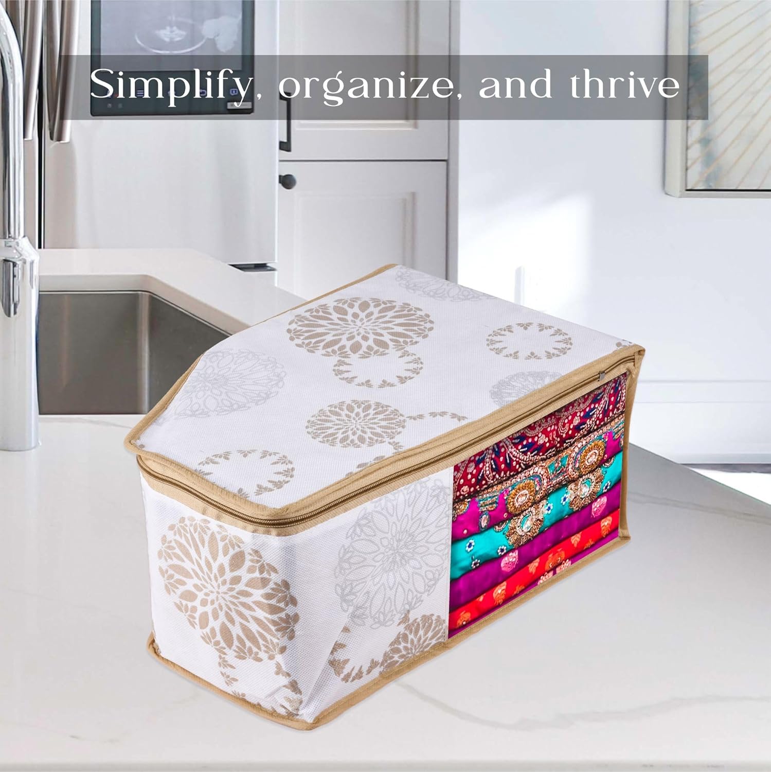 Kuber Industries Pack of 3 Blouse Storage Bag | Clothes Storage Bag | Visible Window Wardrobe Bag | Zipper Clothes Organizer | Blouse Bag for Travel | Gola-Print | White