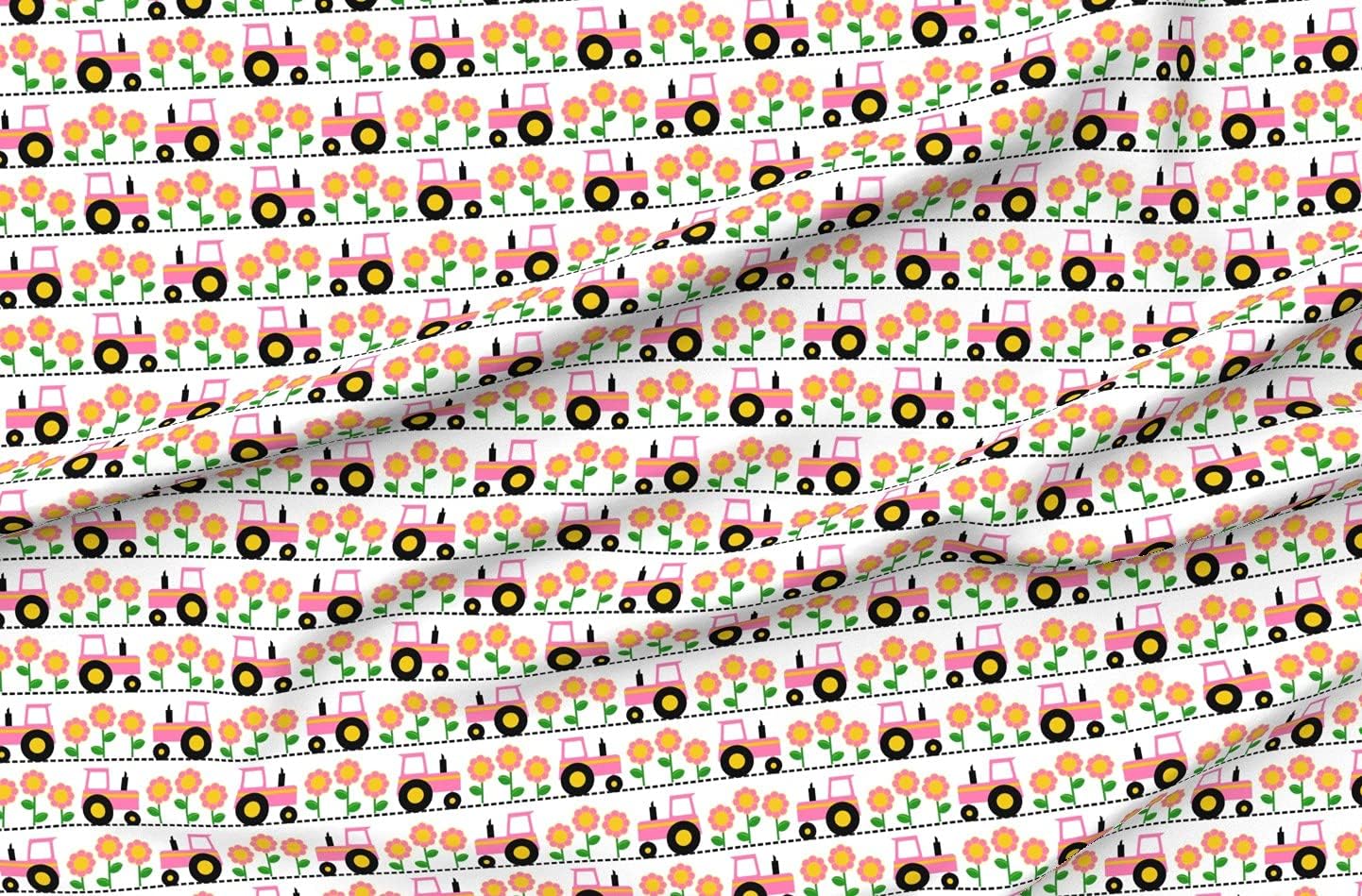 Spoonflower Fabric - Girly Pink Farm Tractor Farming Flowers Floral Tools Girl Nursery Printed on Petal Signature Cotton Fabric Fat Quarter - Sewing Quilting Apparel Crafts Decor