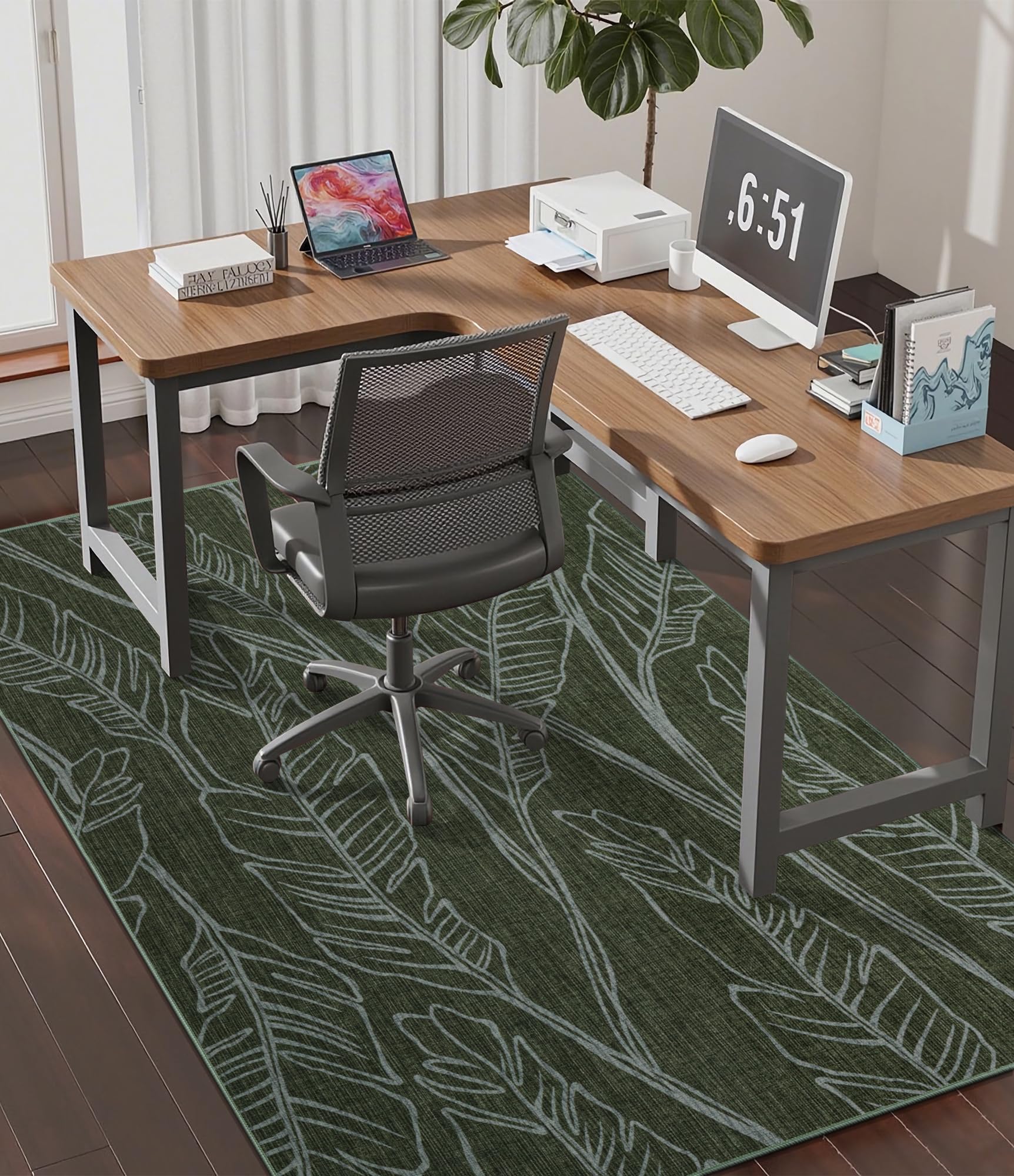 chakme Office Chair Mat for Hardwood Floor, 60"x45" Easy Glide Computer Desk Mat Protector for Rolling Chair Under Desk Rug Nonslip Backing, Machine Wash, (Dark Green Leaf)