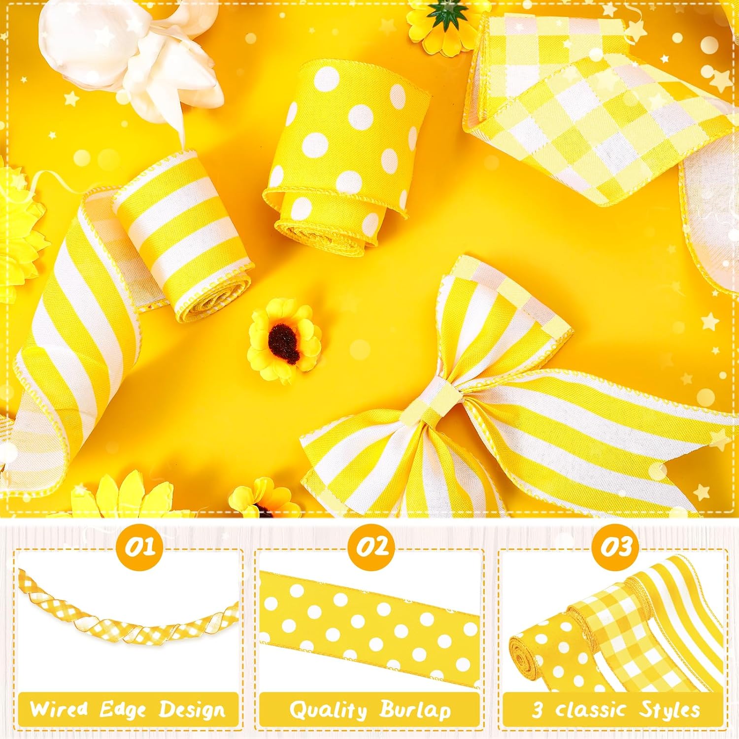 3 Rolls/ 15 Yards Yellow Burlap Wired Ribbons Plaid Wrapping Ribbons Buffalo Check Plaid Stripe Dots for Bee Lemon Theme Party DIY Crafts Summer Home Wreath Decoration