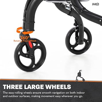 MobiQuip Ultra Light 3 Wheeled Walker, 4.6kg - Black Aluminium Walking Aid with Large Wheels, Adjustable Height & Removable Bag - Stylish, Ergonomic & Comfortable Mobility Walker