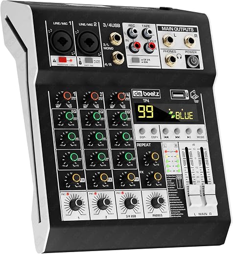 Dabeatz Professional 4 Channel Mixer | XLR + TRS + 6.35MM Input Ports | USB MP3 &amp; BT Support |Delay &amp; Repeat FX | Stereo O...
