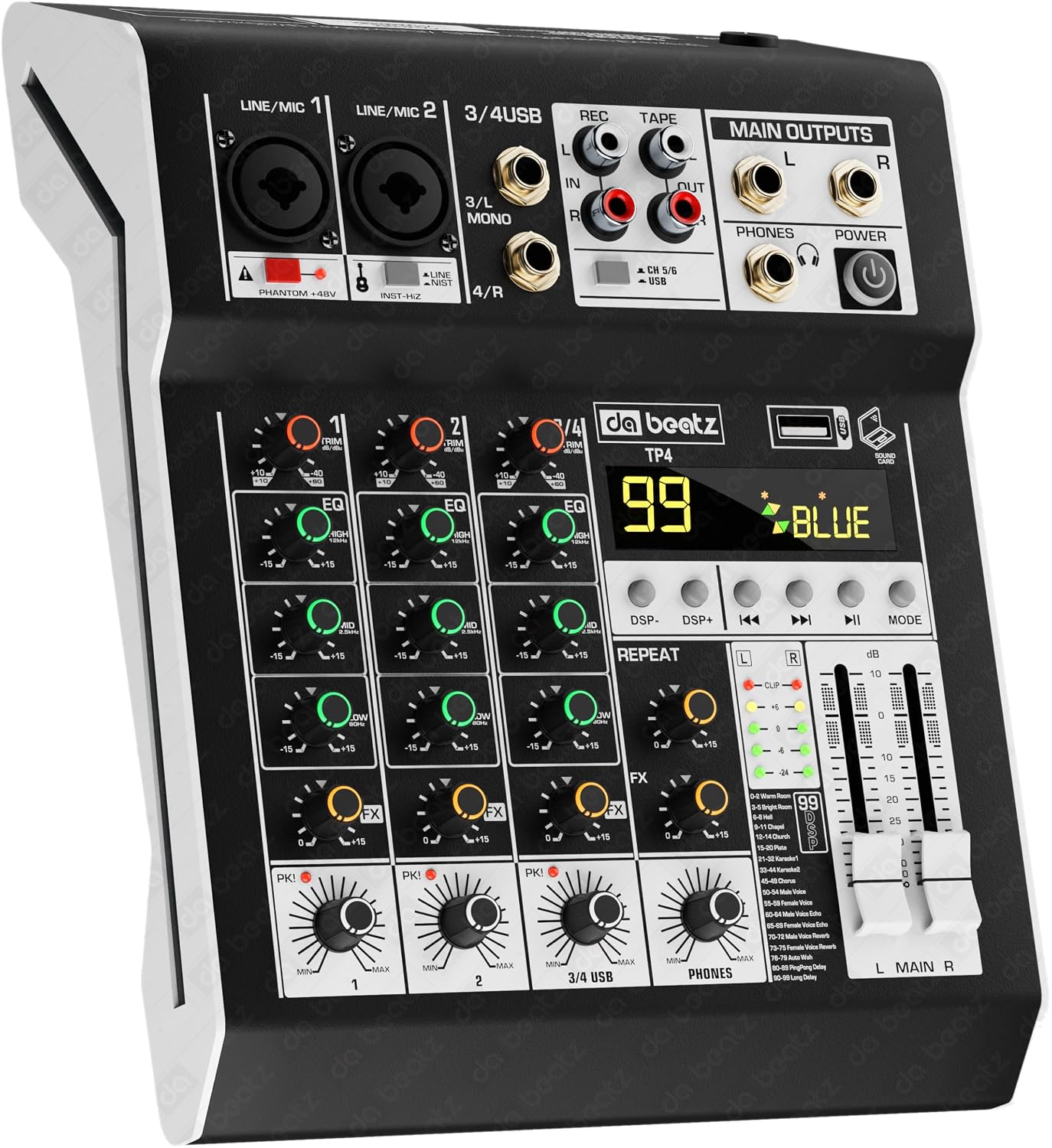 Dabeatz Professional 4 Channel Mixer | XLR + TRS + 6.35MM Input Ports | USB MP3 & BT Support |Delay & Repeat FX | Stereo O...