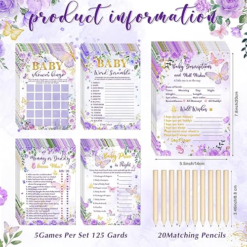 Miniatura 2 de Nuanchu Juego de 145 piezas con temática de mariposas para baby shower, 25 hojas cada una con 20 lápices, bingo de baby shower, adivina quién,