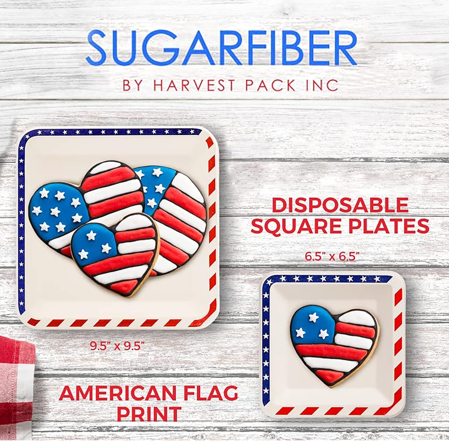 [100 COUNT]Harvest Pack PFAS FREE 9.5-inch American Flag Patriotic Party Disposable Compostable Square Paper Plates, July Fourth Natural Bagasse Square Plates, From Eco-Friendly Sugarcane Plant Fibers