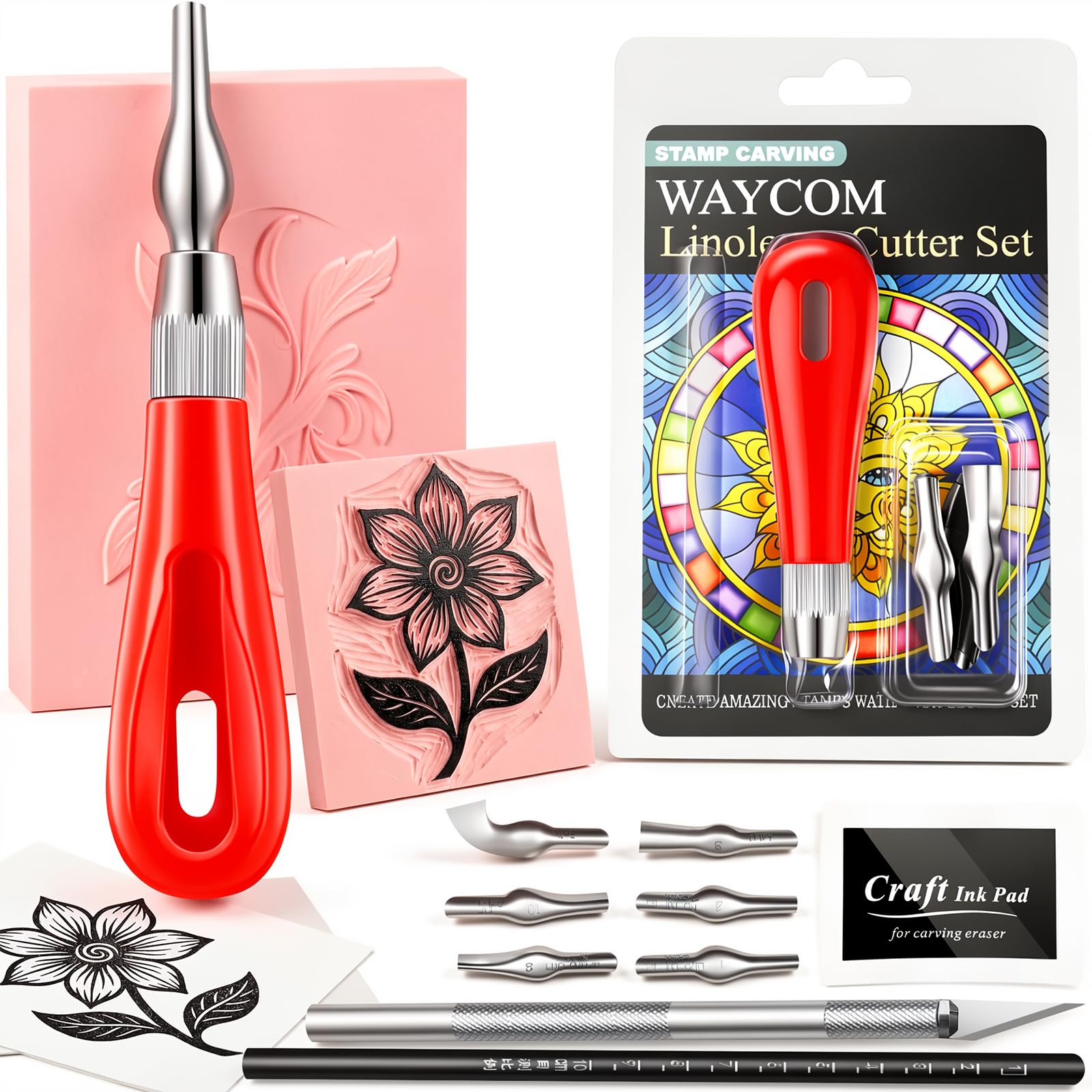 WAYCOM Linocut Kit for Beginners - 4x6 Soft Rubber Carving Block with Linoleum Cutter, Hobby Knife, Ink Pad &amp; Pencil - Stamp Making &amp; Block Printing Starter Set, DIY Craft Gift for Adults &amp; Teens